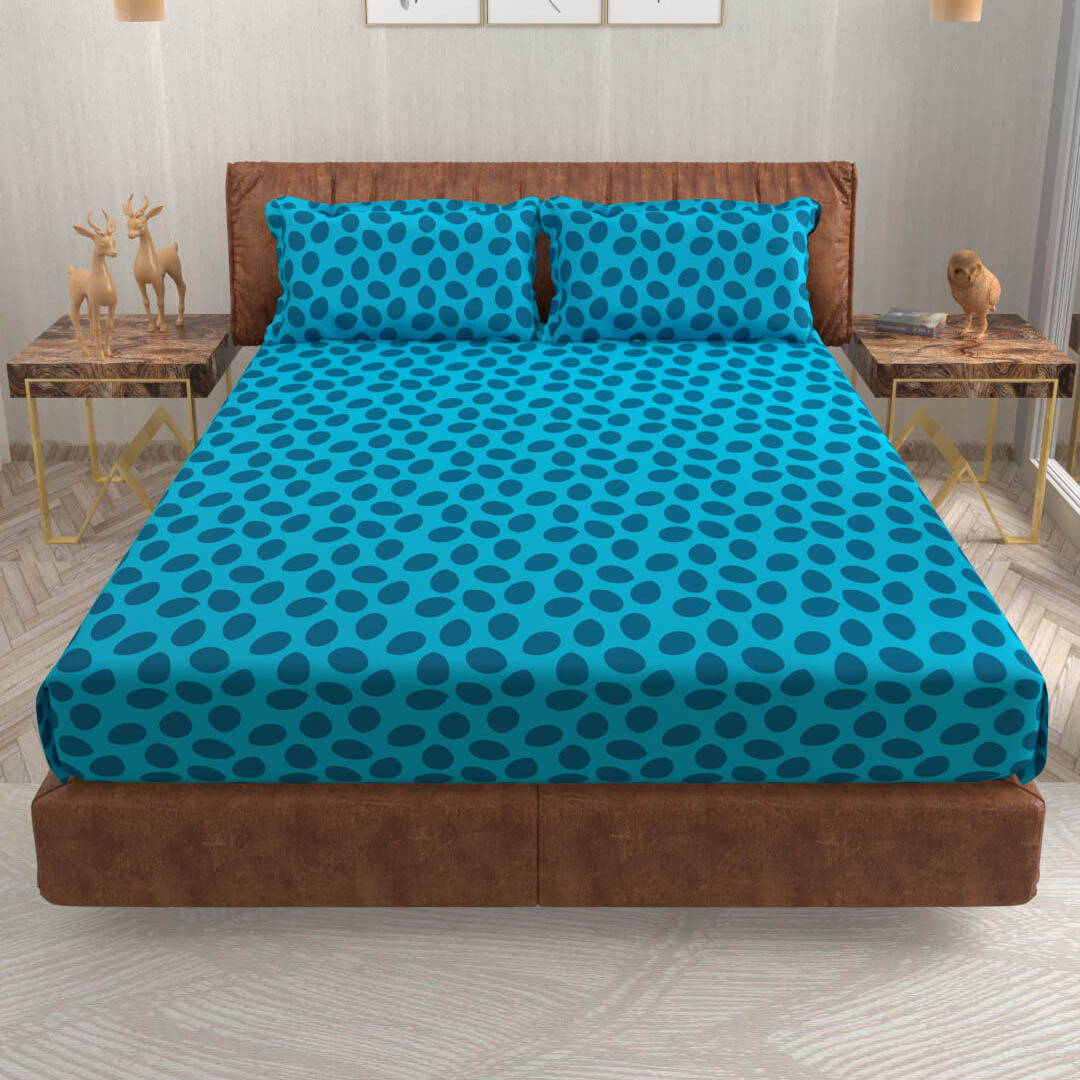 buy turquoise and dark blue polka dot super king size cotton bedsheets online – front view